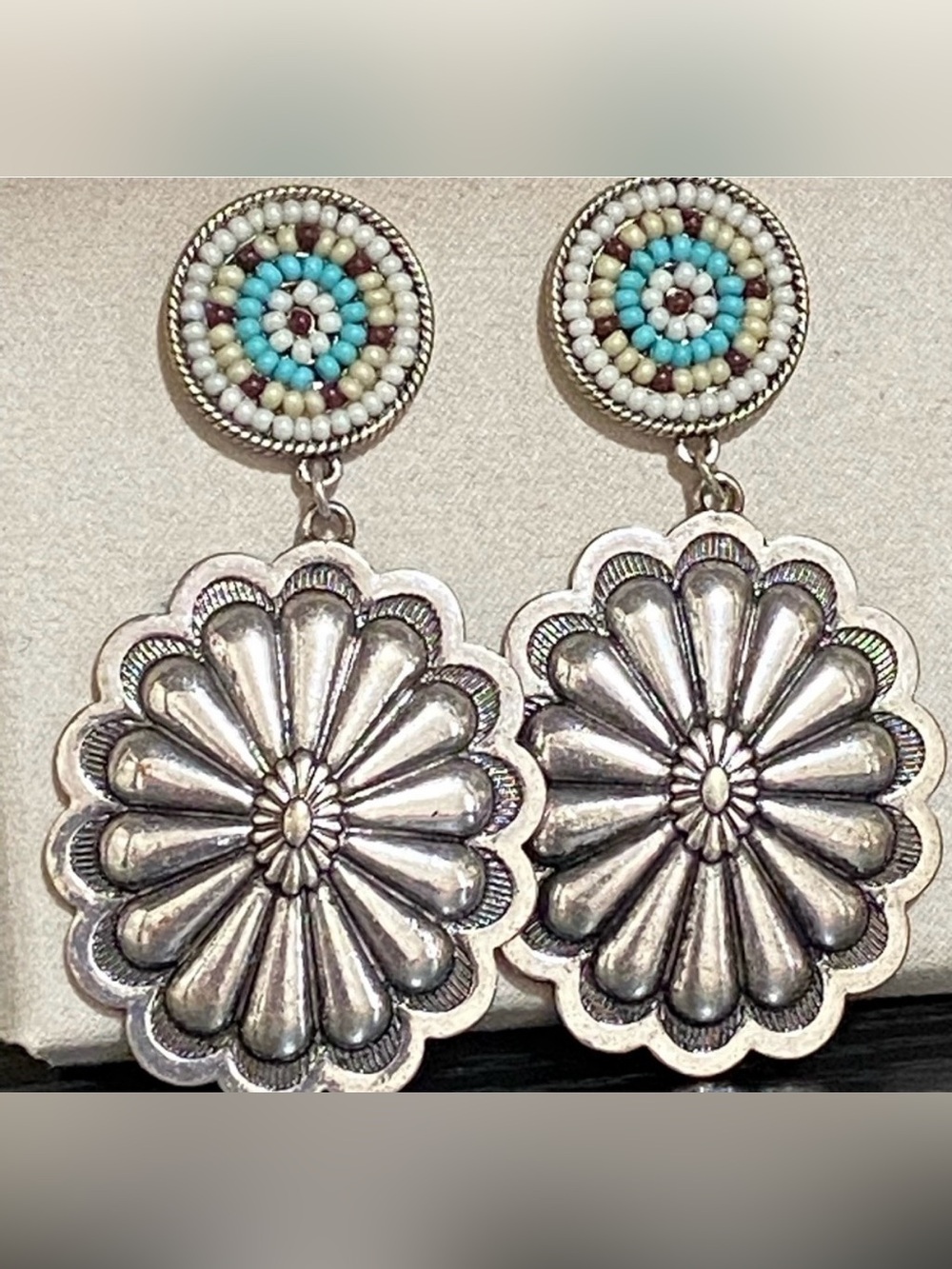 Beaded Turquoise Multicolor Silver Tone Dangle Earrings